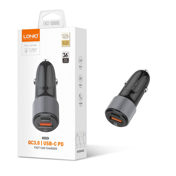 LDNIO C510Q Fast Car Charger - QC3.0 + PD Dual Port Fast Charging Adapter (Compact Design)