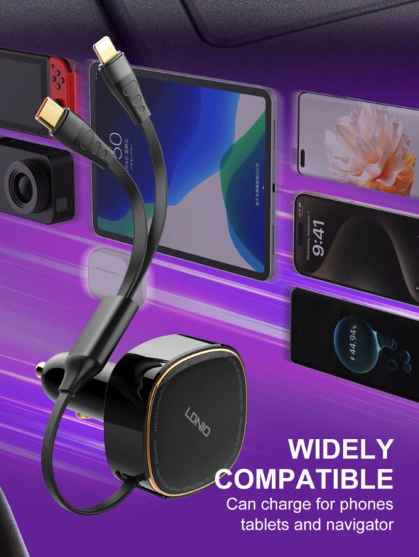 LDNIO C107 30W Ultra Fast Car Charger - Built-in Type-C or Lightning Cable | PD & QC3.0 - Image 3
