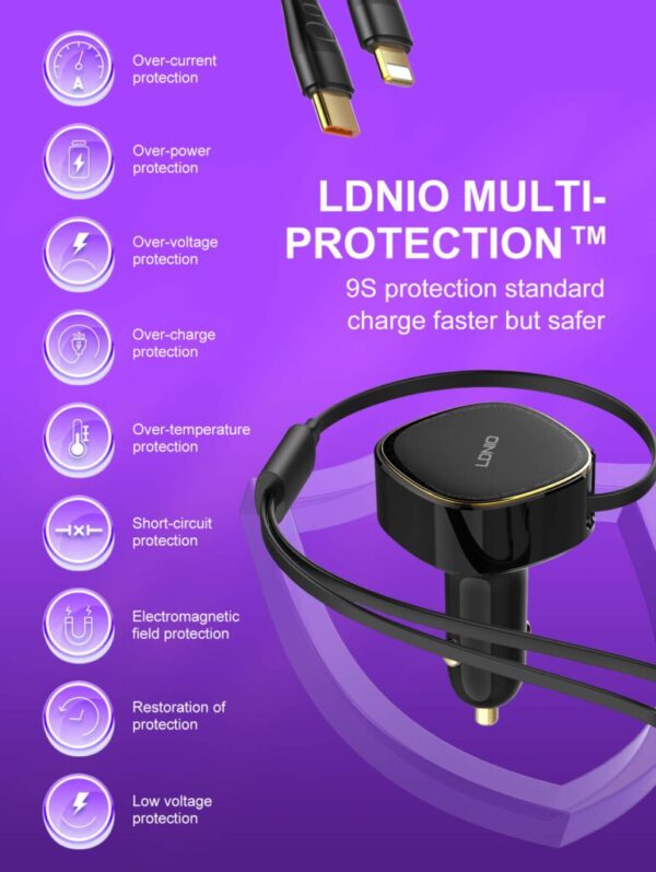 LDNIO C107 30W Ultra Fast Car Charger - Built-in Type-C or Lightning Cable | PD & QC3.0 - Image 4