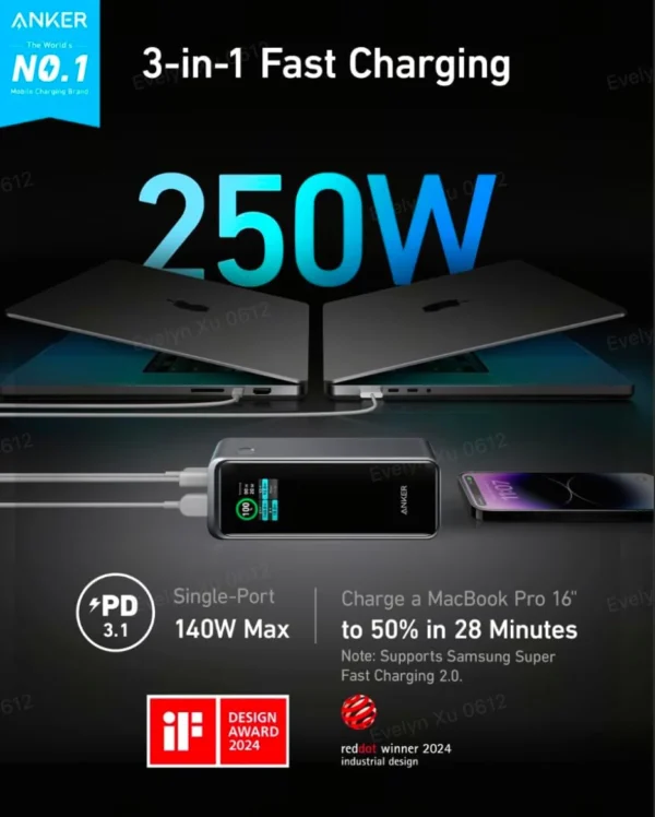 Anker Prime 27,650mAh 250W Power Bank - LCD Display, USB-C Fast Charging, App Support - Black - Image 2