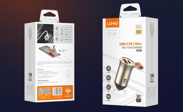 LDNIO C509Q 30W Ultra Mini Car Charger - USB-C PD + QC4+ with Zinc Alloy Shell & USB to Type-C Cable