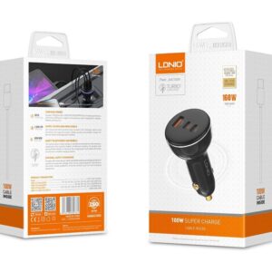 LDNIO C102 160W Car Charger - 2- USB-C + 1- USB-A PD/QC Fast Charging with Type-C to Type-C Cable