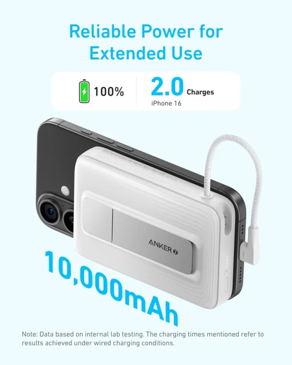 Anker Zolo 10,000mAh Magnetic Power Bank - 30W USB-C PD, Built-In Cable, 7.5W Wireless Charging, Multi-Angle Stand - Black - Image 2