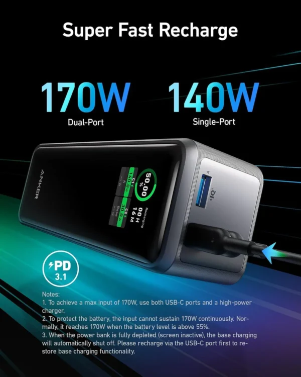 Anker Prime 27,650mAh 250W Power Bank - LCD Display, USB-C Fast Charging, App Support - Black - Image 5