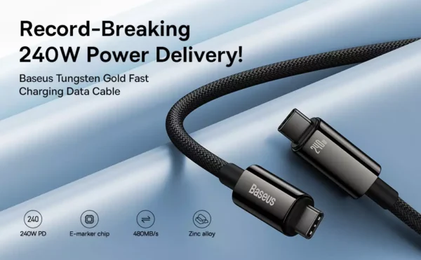 Baseus Tungsten Gold Fast Charging Data Cable Type C to Type C 240W 1M - Black - Image 5