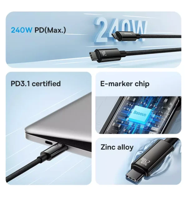 Baseus Tungsten Gold Fast Charging Data Cable Type C to Type C 240W 1M - Black - Image 4