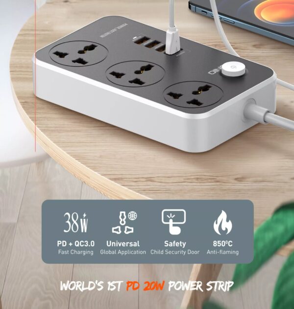 LDNIO SC3412 Power Strip - 3 Power Sockets + 3 QC 3.0 USB Ports + 1 USB-C PD Port - Image 3