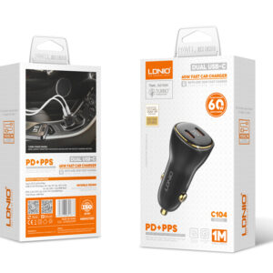 LDNIO C104 60W Car Charger - Dual USB-C PD Ports with Type-C Cable | Super Fast Charging